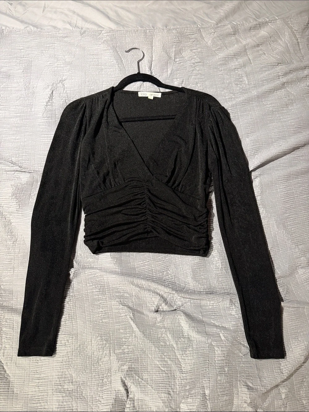 Aritzia Black Ruched V-Neck Long Sleeve Top
